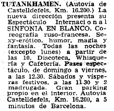 Anuncio del Espect�culo internacional 'Sinfon�a en Blanco' de la Discoteca Tutankhamen de Gav� Mar publicado en el diario LA VANGUARDIA (7 de Septiembre de 1977)